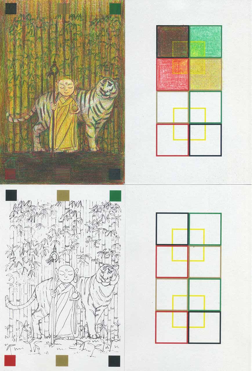 左側の上が出来上がりです。下のは下絵です。右側の四角の囲みは、練習用(色の確認)です。