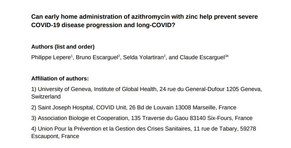 The "Journal of Experimental Pathology" publie l'étude de Claude Escarguel and co, sur l'intérêt de l'azithromycine dans la prévention du Covid long !