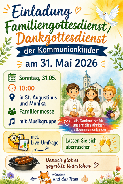Einladung Familiengottesdienst/Dankgottesdienst der Kommunionkinder am 31. Mai 2026