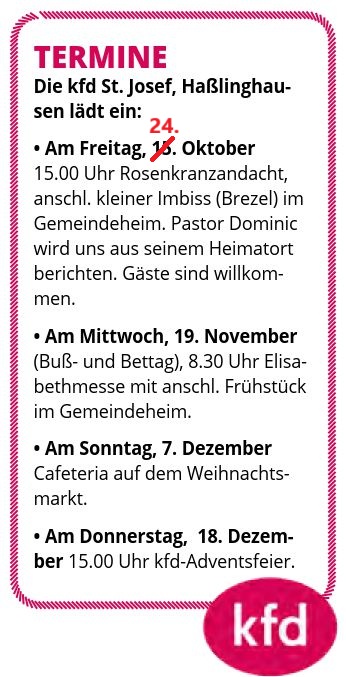 Foto zeigt Auszug aus den PN mit einem auf den 24. Okt. korrigierten Datum der Rosenkranzandacht