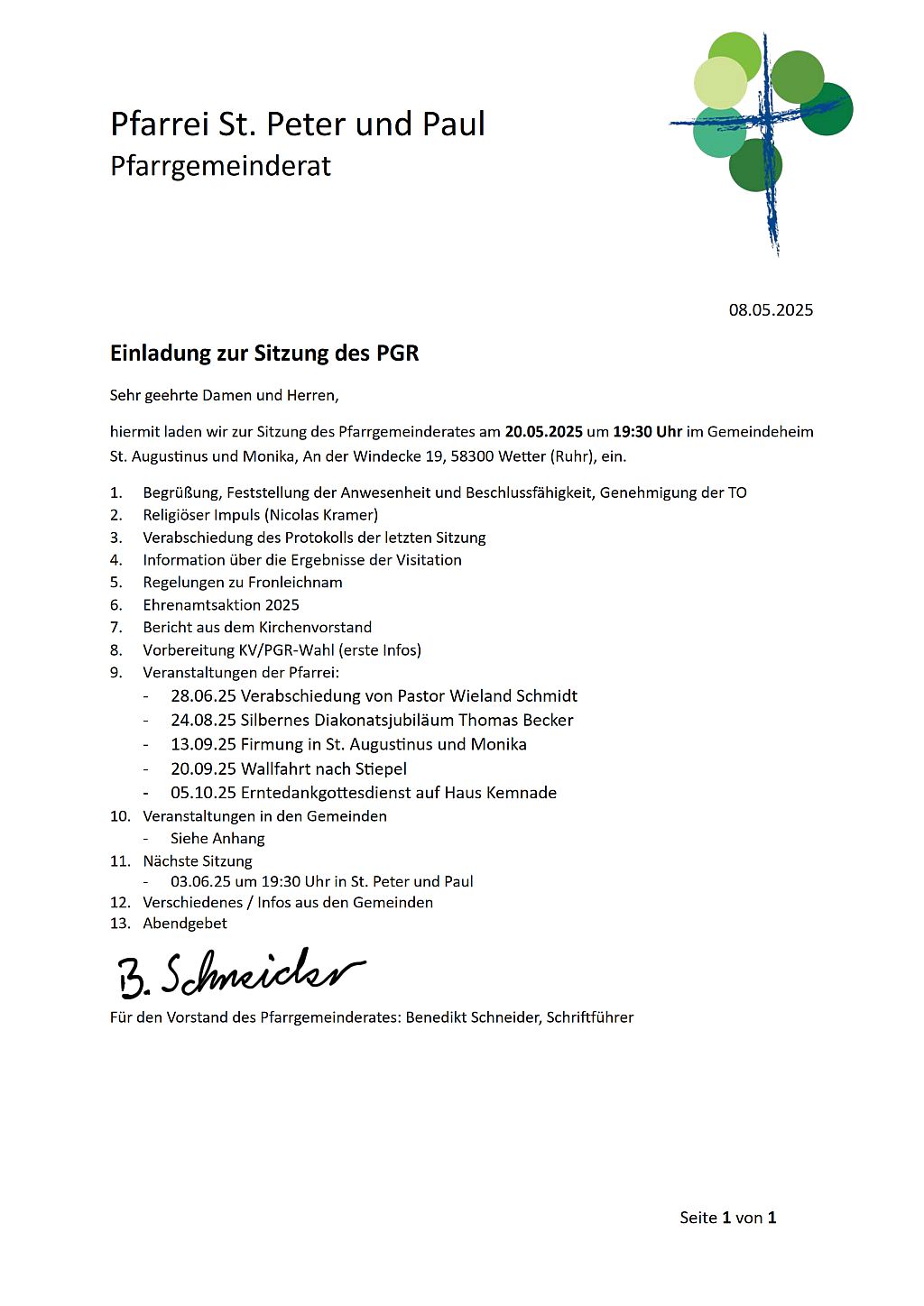 Einladung zur PGR-Sitzung am 20.05.2025