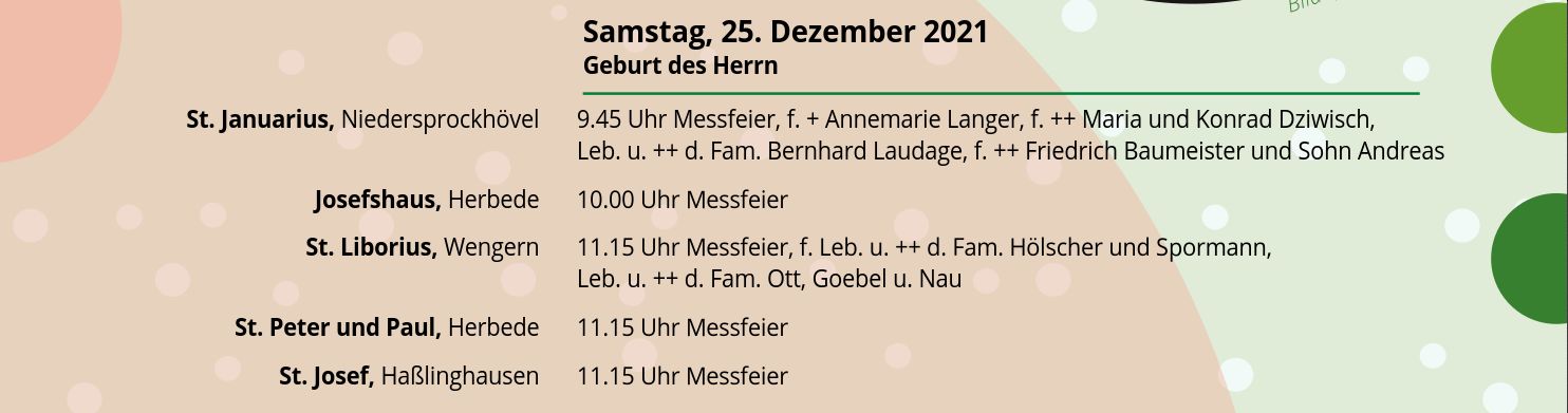 Gottesdienstorte und Zeiten am zweiten Weihnachtsfeiertag