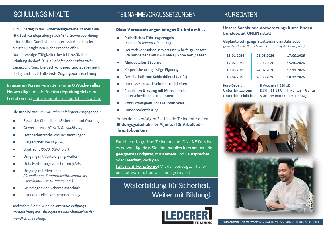 LEDERER_training 34a Sachkunde ONLINE Kurs | Beschreibung der Maßnahme sowie alle Maßnahme-Termine 2026  