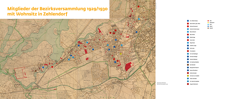  Ausstellung "Abgesägt": Karte vom Bezirk Zehlendorf. Die Markierungen zeigen die Wohnadressen der Mitglieder der Bezirksversammlung 1929/1930, 2 m x 0,8 m.