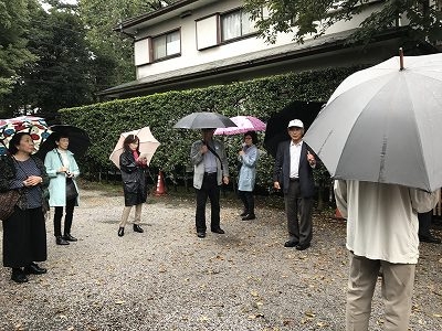 5分ほど歩くと「松蔭寺」に到着。松蔭寺には、「タラヨウ」という樹木があり、葉っぱに傷をつけると文字が書けるので、昔は、ハガキとして使用していたらしいです。 日本では、葉に傷つけるだけで文字が書けることから、テガミノキとよばれ、郵便局のシンボルツリーなどによく用いられるそうです。