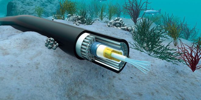 Un câble sous-marin transportant des fibres optiques