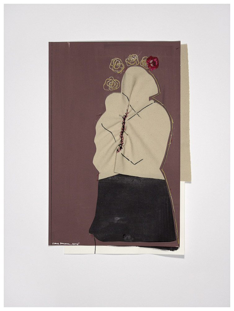 aus der Serie „die weinende Mutter“, 2015, Technik: Papierarbeit, Collage, Stickerei, Größe: 42 cm x 32 cm x 3,5 cm, in Privatbesitz