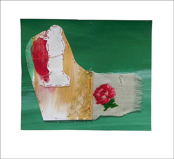 Serie „die weinende Mutter“, 2021, Technik: Papierarbeit, Collage, Stickerei, Größe: 23 x 30 cm