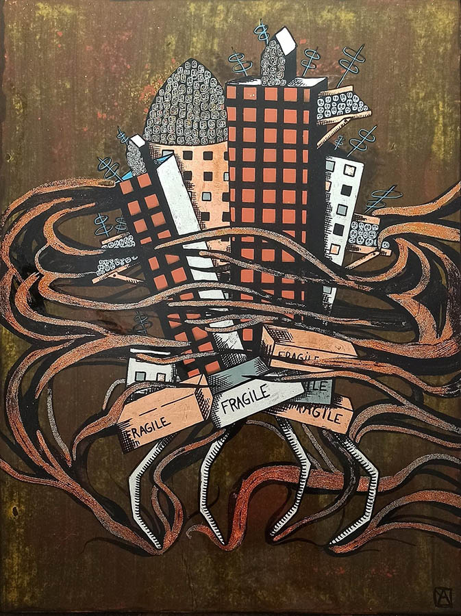 Aurélia GRITTE, "La Ville", Peinture sur bois, incrustations métallisées aux feuilles d’argent, de cuivre et paillettes. Pigments naturels et vernis gras, 60 cm x 80 cm, 950 € 