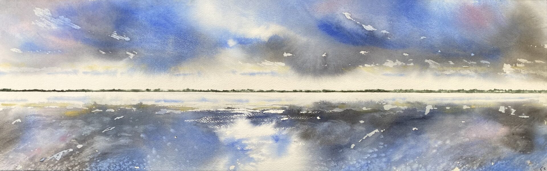 Gilles CHRETIEN, "Entre ciel et étangs", Aquarelle, 90/30, 300€