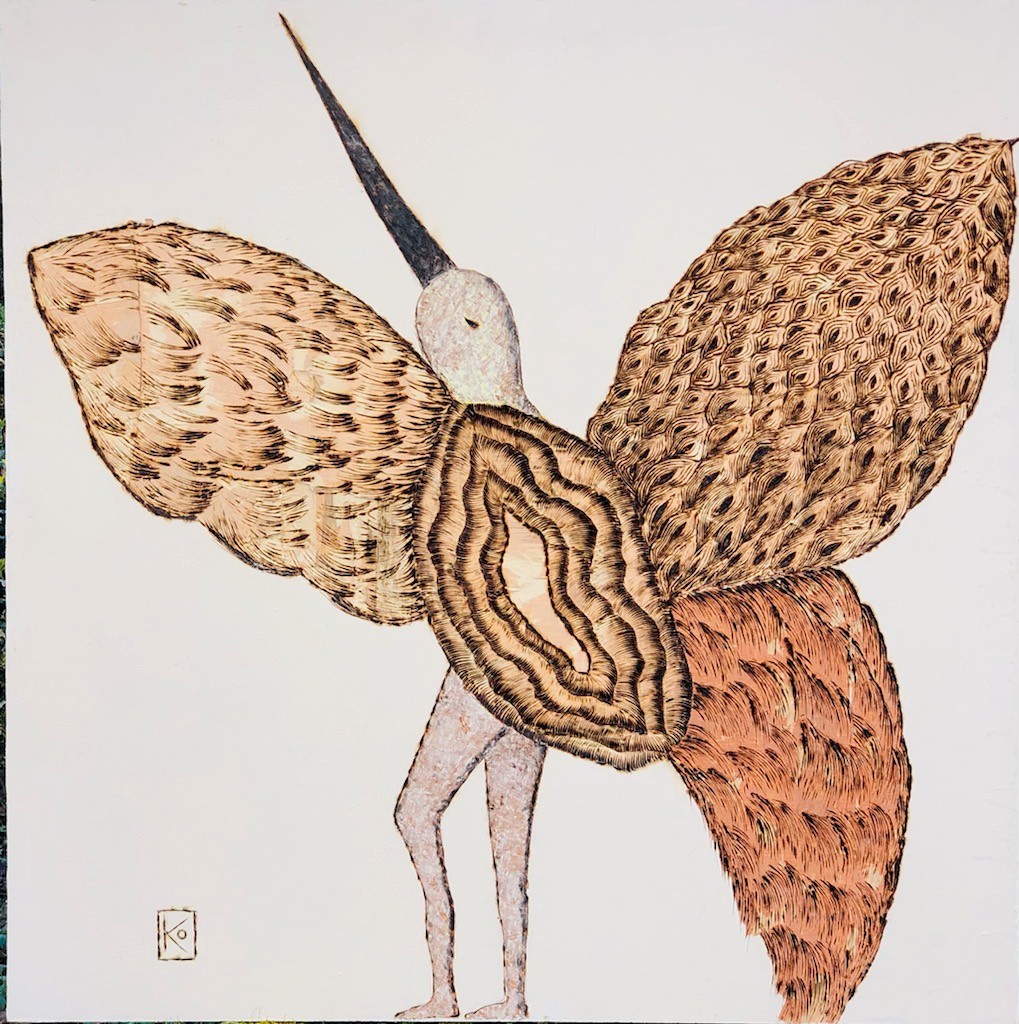 K.O.,"Salutation à la lune rousse", Pyrogravure sur contre plaqué,80 / 80 cm, 650 €