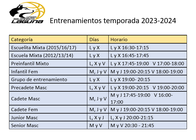 Horarios de Entrenamientos temporada 2023/2024