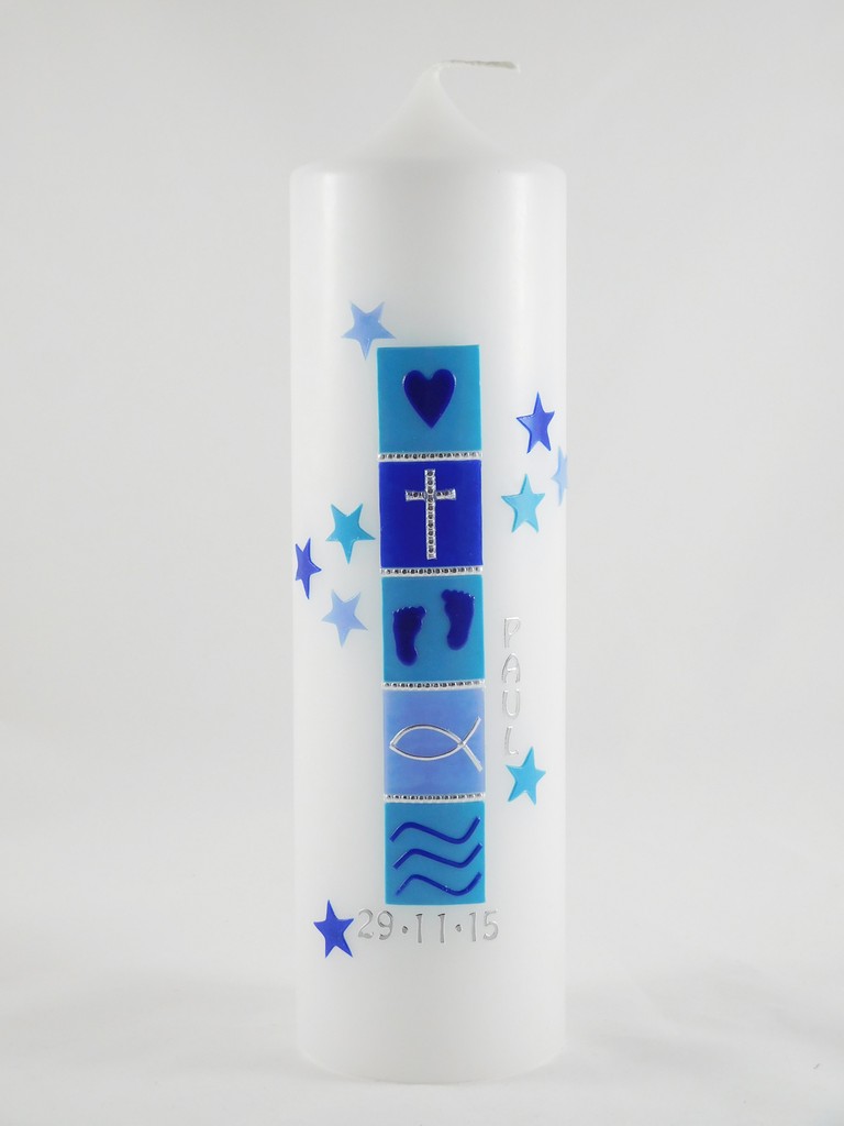 Taufkerze Junge modern blau - Kerzenliebe Taufkerze Junge modern blau - Kerzenliebe