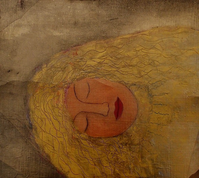 Schutzgöttin 2013-2014; 32 x 28,8 Öl, Goldspray auf Kreidepaneel