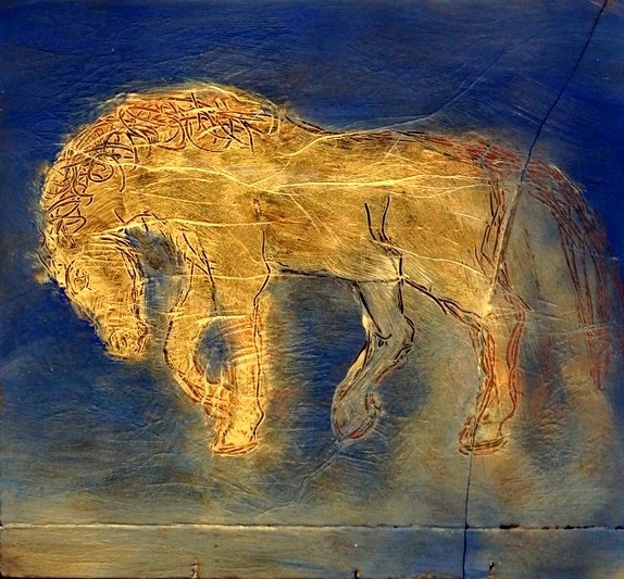 goldenes Pferdchen 2014; 12x 11 cm, Öl auf Kreidepanee 