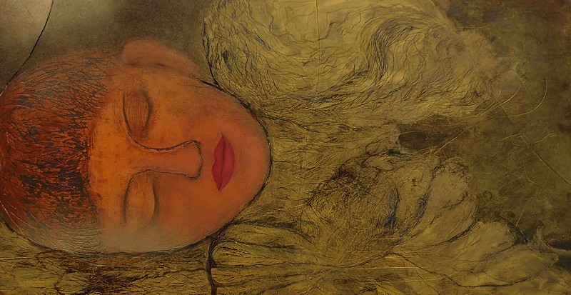 Traumsequenz 2013-2014; 32,5 x 17,2 cm Öl, Goldspray auf Kreidepaneel