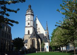 Leipzig Blick auf Thomaskirche mit Frühlingbäumen