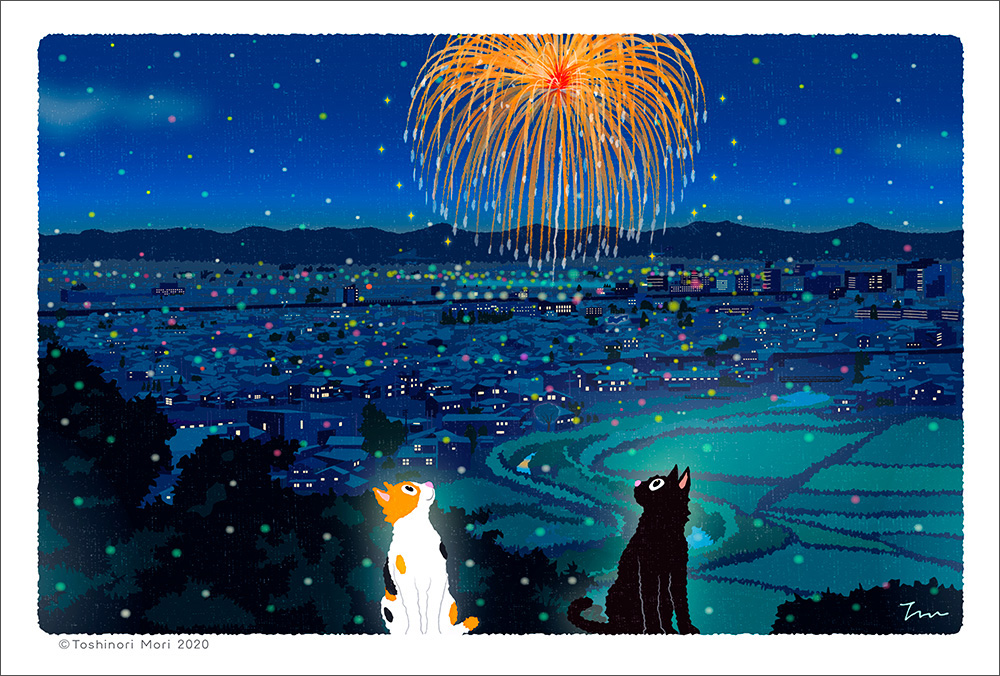 日本画　花火 インテリアアート額絵 日本画 花火 52×42cm 田口 みちる（たぐち