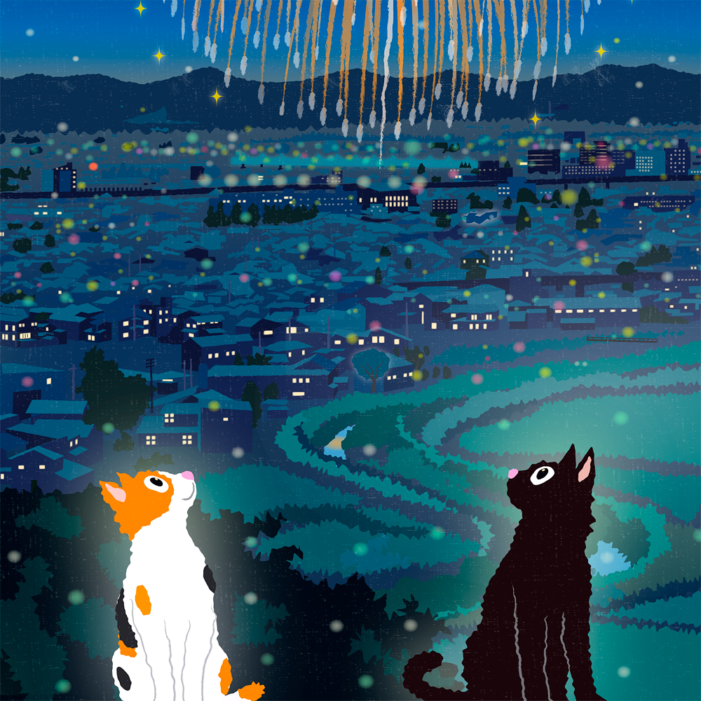 たびねこ新作イラスト「夏の打ち上げ花火」