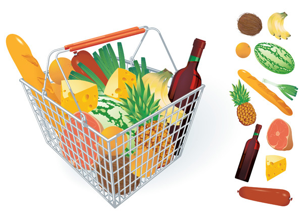 フルーツ 野菜と買い物カゴ fruits and vegetables and shopping basket