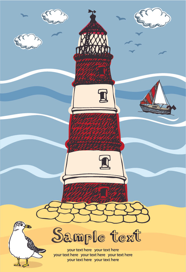 灯台とカモメ Lighthouse seagulls illustration style