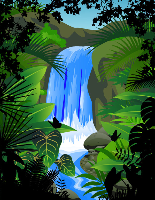 植物に囲まれた滝 waterfalls plants green leaves vector