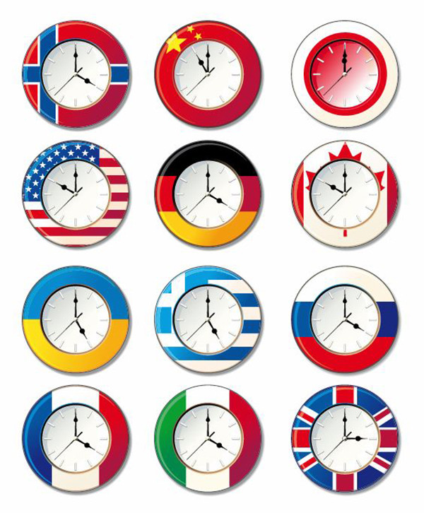 国旗をデザインした時計 Vector Clock with Different National Flags