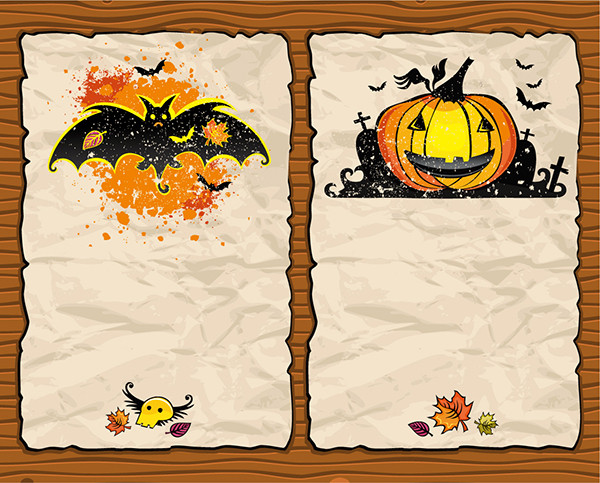 古紙に描いたコウモリとかぼちゃのハロウィン背景 halloween pumpkin bat background