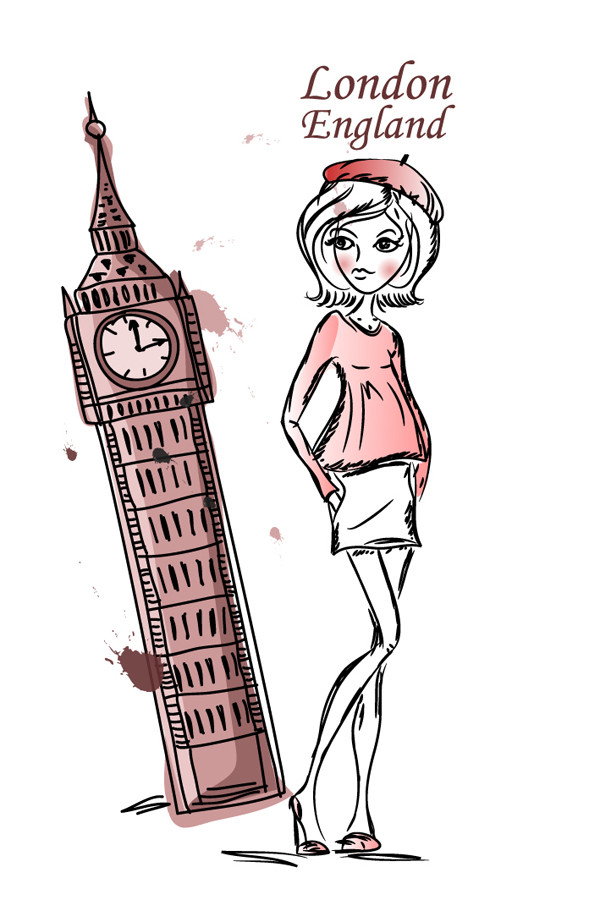 ロンドン ビッグベンを観光する少女の線画 Line art girls London Big Ben