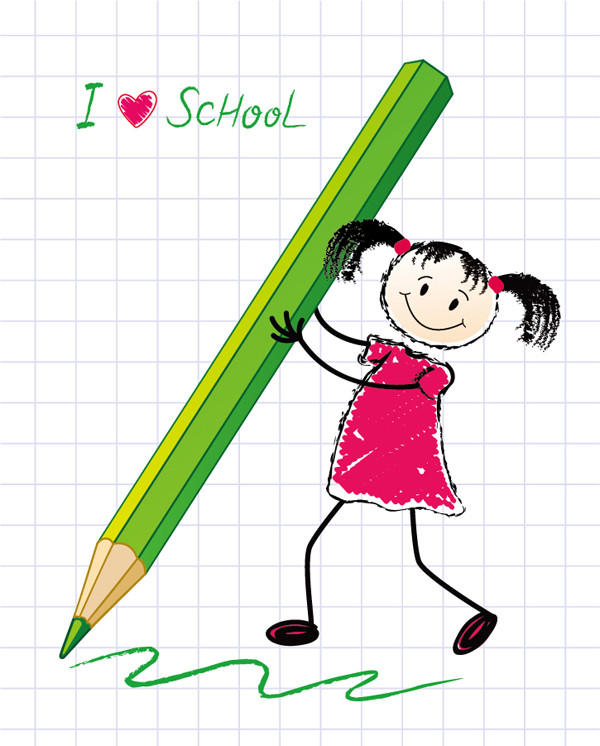 手書きの鉛筆を持った少女 Cartoon cute hand-painted students girl manuscripts background