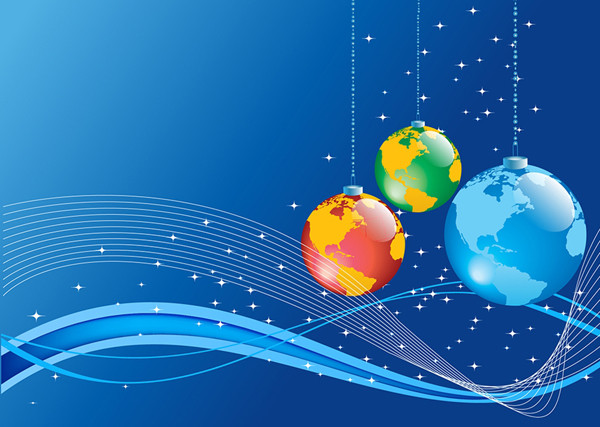 地球儀を吊り下げたクリスマスボールの背景 Christmas Background with Earth globe ball