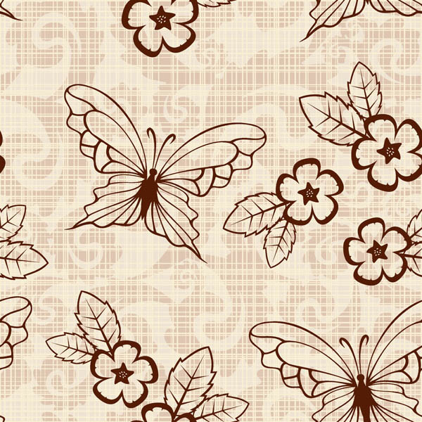 レトロな花と蝶の背景 retro butterflies flower pattern background4