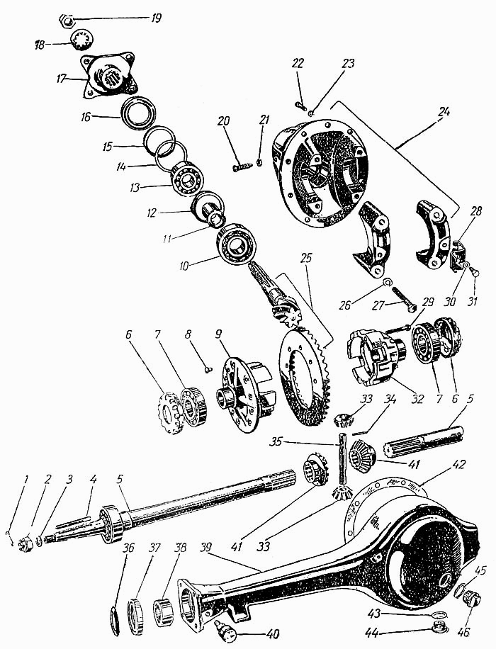 Hinterachse. Achsgehäuse und Differential. Radlager und Antriebswellen Moskwitsch M400/M401. Rear axle. Axle casing and differential. Wheel bearing and drive shaft Moskvich M400, M401. Задний мост. Главная передача. Дифференциал и полуоси Москвич М400/401