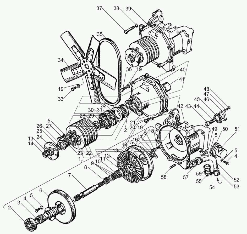 Lüfterflügel Lüfter Lüfterrad Ventilator und Visco-Kupplung des Kühlerlüfterantriebs des sowjetischen Dieselmotors JaMZ JaMZ-240. Fan and viscous coupling unit fan drive engine YaMZ-240. Вентилятор и гидромуфта привода вентилятора охлаждения двигателя ЯМЗ