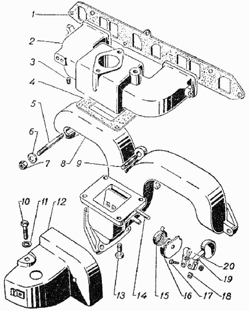 Abgaskrümmer (Auspuffkrümmer) GAZ 69, GAZ 69A. Manifold GAS 69, GAS 69A. Коллектор выпускной и впускной ГАЗ 69, ГАЗ 69А. 