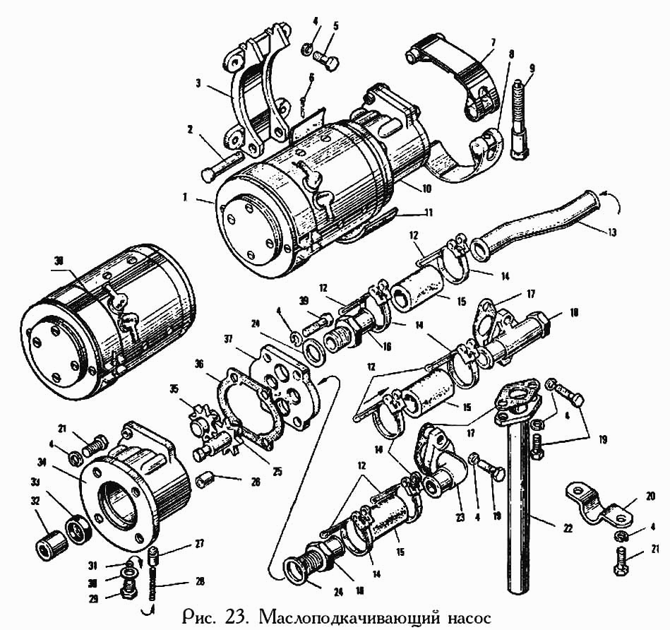 Motorvorschmierpumpe Motor JaMZ 240 (Jaroslawski Motorny Sawod). Engine prelube pump (Pre Lubrication-Pump) engine YaMS-240. Насос маслозакачивающий МЗН в сборе с эл.дв. двигателя (мотора) ЯМЗ-240 (Ярославский моторный завод). 