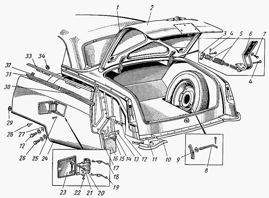 Ersatzteile Heckteil, Hintere Kotflügel, Kofferraum, Kofferraumklappe GAZ  21, GAZ 22, GAZ 23 Wolga. Spare parts Rear valance, rear fender, trunk,  trunk lid GAS M21, GAS 22, GAS 23 Volga. Запасные части Задок