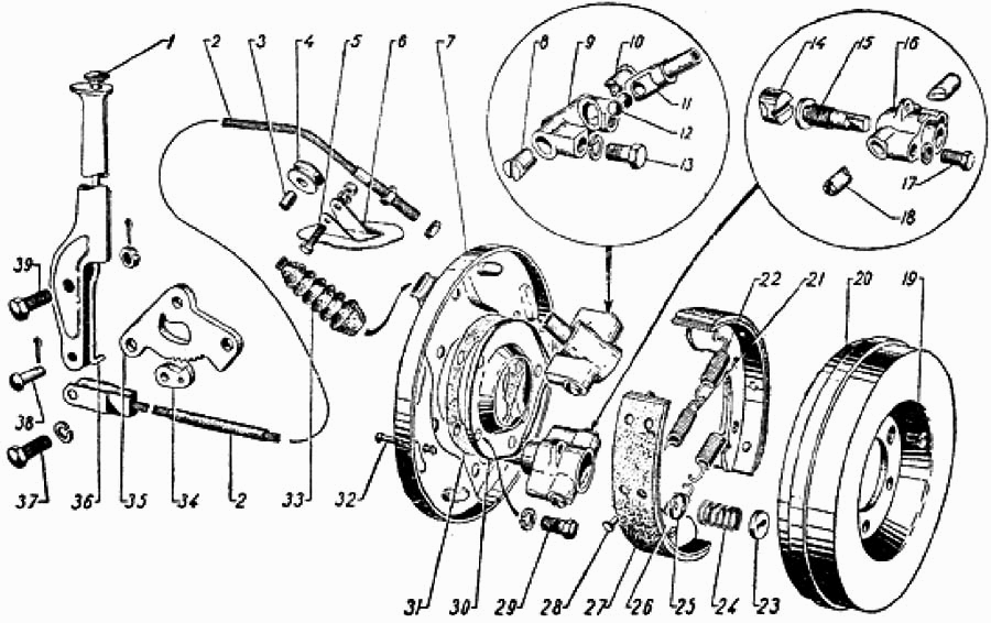 Handbremse und Handbremshebel GAZ 69, GAZ 69A. Hand brake (Parking Brake) and hand brake lever GAS 69, GAS 69A. Ручной (центральный) тормоз ГАЗ 69, ГАЗ 69А.