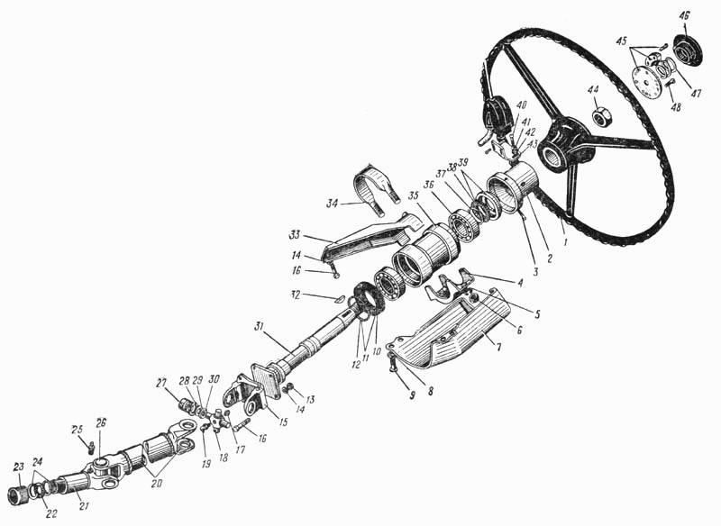 Lenkung, Lenksäule und Lenkrad URAL 375, 375D, 4320. Steering, steering column and steering wheel URAL 375, 375D, 4320. Рулевое колесо с валом и карданами в сборе грузового автомобиля Урал 375, 375Д, 4320.