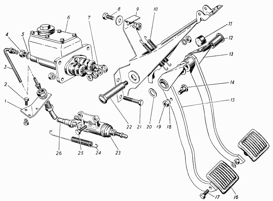 Kupplungspedal und Pedalbock, Kupplungshydraulik GAZ 21 Wolga. Clutch pedal and pedal box, clutch hydraulics GAS 21 Volga. Привод выключения сцепления и тормозная педаль ГАЗ 21 Волга. 