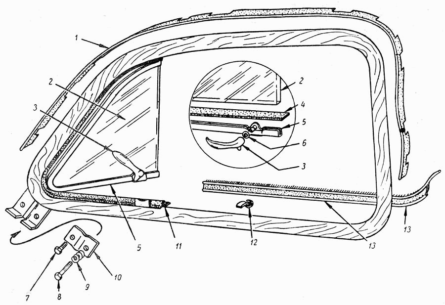 Kurbelfenster und Drehfenster Dreiecksfenster Ausstellfenster vordere Tür GAZ M-20 Pobeda. Front Door Window GAS M20 Pobeda. Окно передней двери ГАЗ М20 Победа.