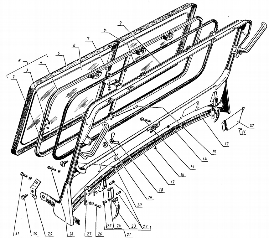 Windschutzscheibenrahmen, Windschutzscheibe GAZ 69, GAZ 69A.  Windshield frame, windscreen GAS 69, GAS 69A.  Рамка ветрового окна, Стекло ветрового окна ГАЗ 69, ГАЗ 69А.