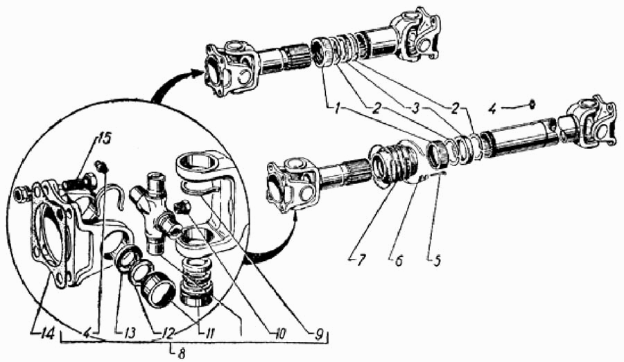 Kardanwellen GAZ 69, GAZ 69A.  Propshafts GAS 69, GAS 69A.  Карданные валы ГАЗ 69, ГАЗ 69А.