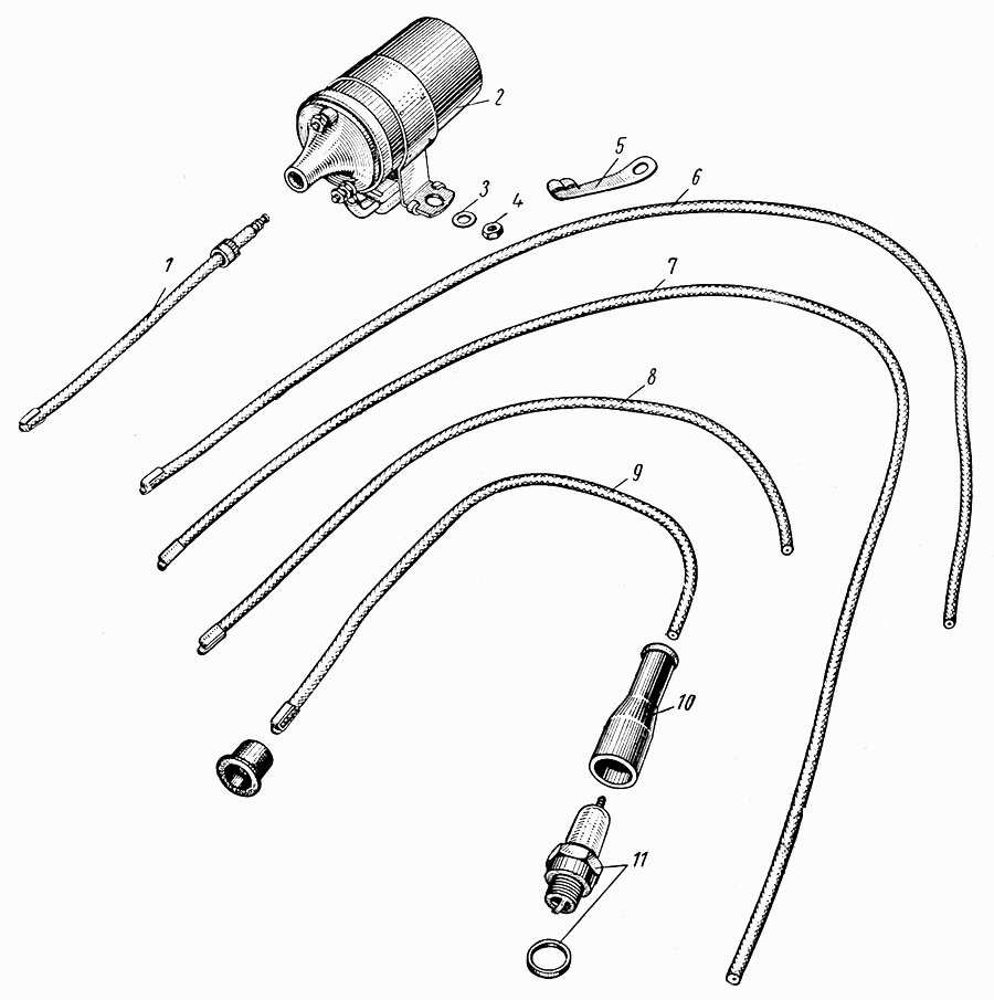 Zündspule ZAZ 965, Zündkerzen und Zündkabel ZAZ 965. Ignition coil ZAZ 965, spark plugs and ignition cables ZAZ 965. Катушка зажигания, запальные свечи и провода высоковольтные зажигания ЗАЗ 965.