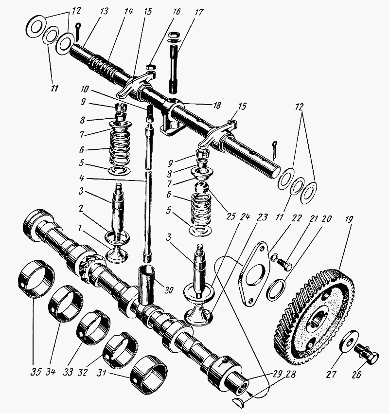 Nockenwelle und Ventile. GAZ-21, GAZ 22 Wolga. Crankshaft and Valves GAS M-21, GAS 22 Volga. Распределительный вал, Клапаны и толкатели ГАЗ 21, ГАЗ 22 Волга.  