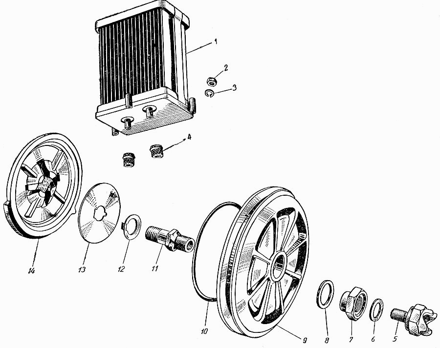 Ölkühler und Ölschleuder (Zentrifuge Zentrifugen Ölfilter) Motor SAS 965. Oil cooler and oil centrifuge (Centrifugal Filter) engine SAS 965. ZAZ 965. Масляный радиатор и Фильтр очистки масла центробежный (центрифуга) ЗАЗ 965. 