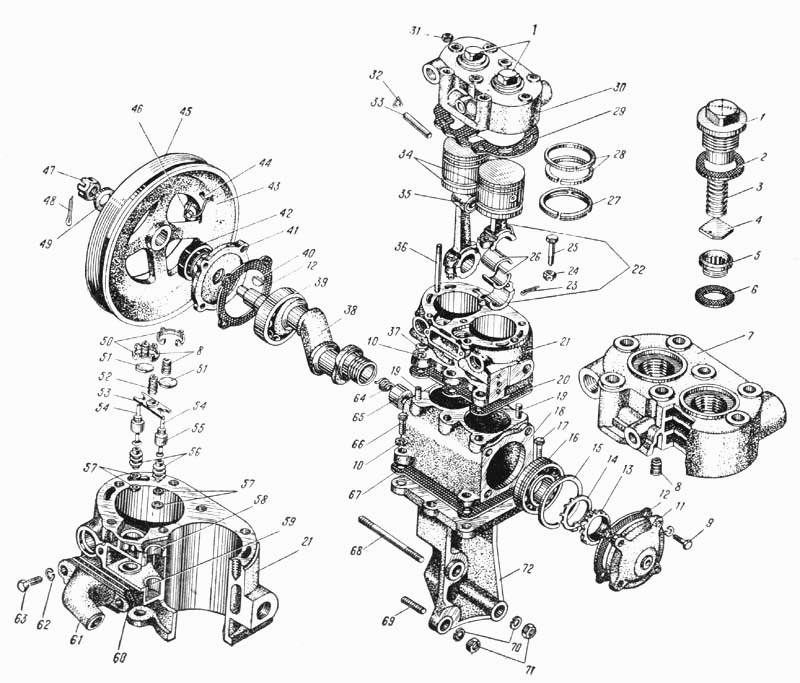 Druckluft-Verdichter Kompressor LKW URAL 375, 375D, 4320. Air compressor track URAL 375, 375D, 4320. Автокомпрессор воздушный Компрессор Урал 375, 375Д, 4320.