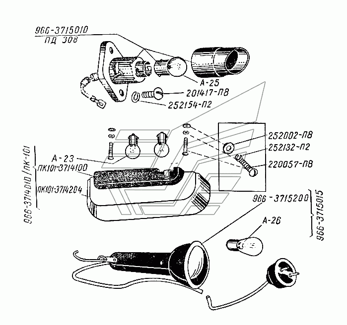 Innen- und Motorraum Leuchte (Beleuchtung), Bordlampe (Handlampe Reparaturleuchte) ZAZ-966, 966B. Плафон (Освещение кузова внутреннее) и подкапотная переносная лампа (фонарь) ЗАЗ- 966, 966В.