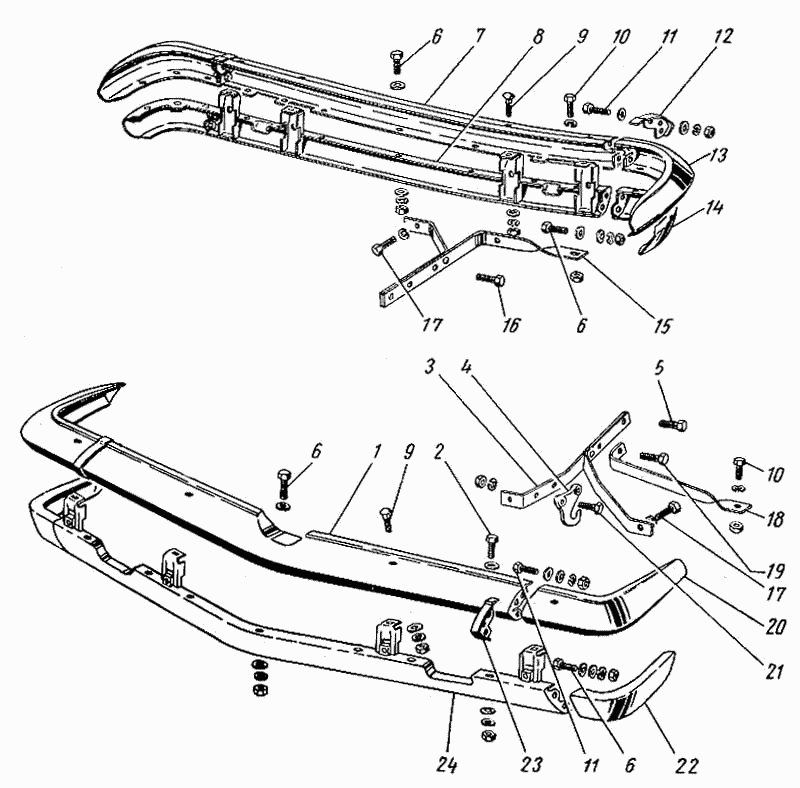 Ersatzteile vordere und hintere Stoßstange GAZ 22, GAZ 23 Wolga. Spare parts front and rear bampers GAS 21, GAS 22, GAS 23 Volga. Запасные части Передний и задний буфера (бампера) клссического советского ретроавтомобиля ГАЗ 21, ГАЗ 22, ГАЗ 23 Волга.