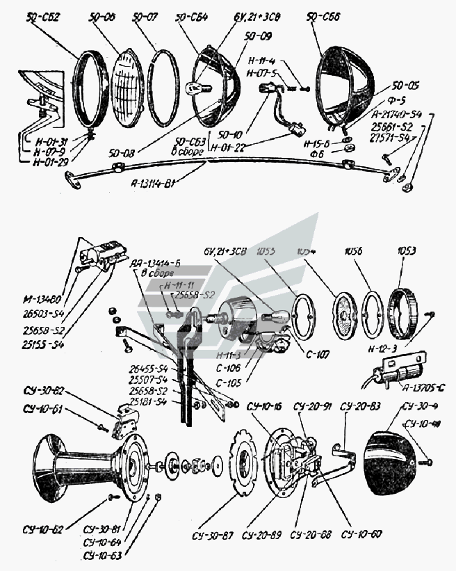 Scheinwerfer, Armaturenbrettbeleuchtung, Rücklicht, Bremslichtschalter, Hupe GAZ-MM. Headlights, dashboard lighting, rear lamp, stop light switch, horn GAZ-MM. Фары, освещение щитка приборов, фонарь задний, выключатель света "Стоп", сигнал звуковой ГАЗ-ММ